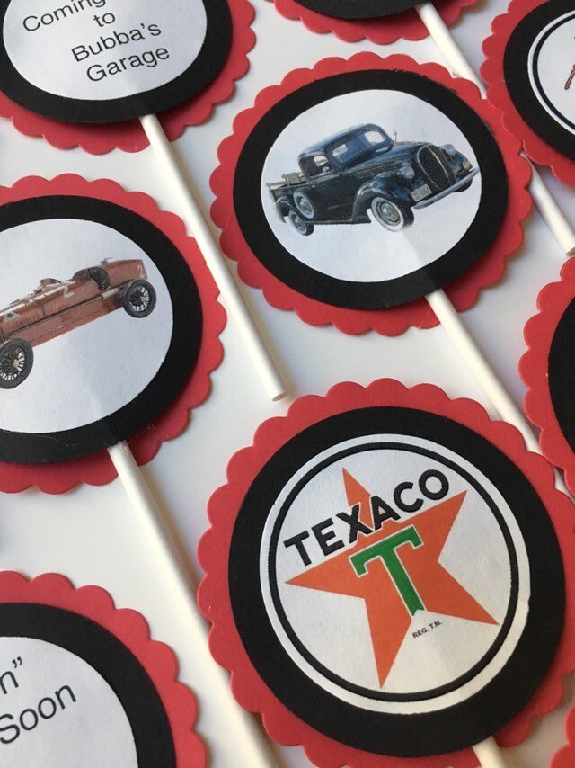 Custom Vintage Car-Themed Cupcake Toppers or Tags for Birthdays, Retirement, Baby Showers, etc.