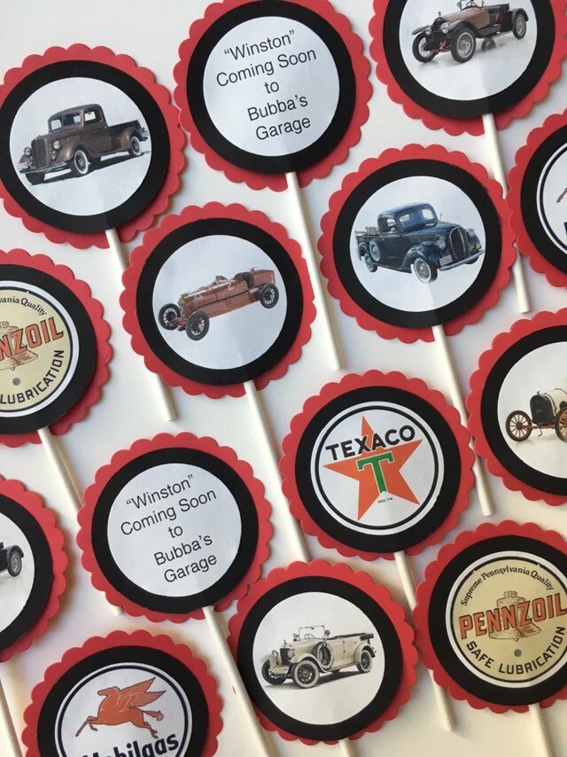 Custom Vintage Car-Themed Cupcake Toppers or Tags for Birthdays, Retirement, Baby Showers, etc.
