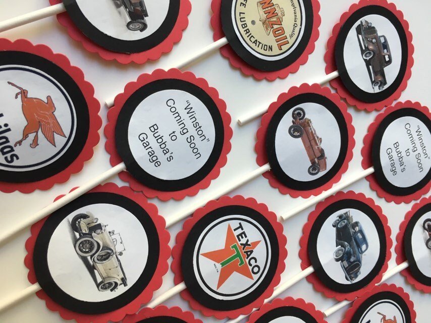 Custom Vintage Car-Themed Cupcake Toppers or Tags for Birthdays, Retirement, Baby Showers, etc.
