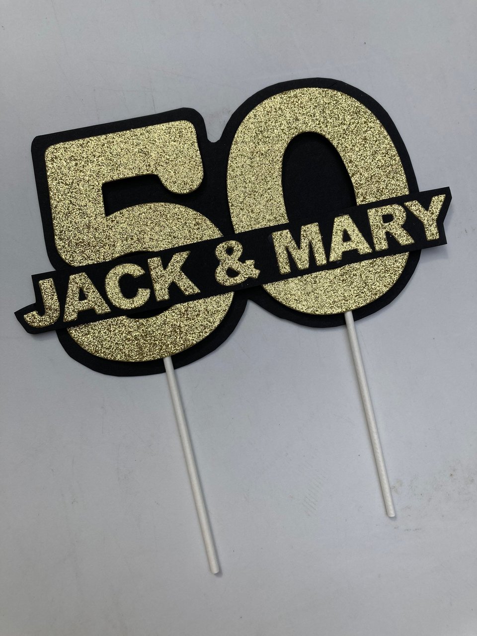 Personalized gold glitter 50th anniversary cake topper, custom name, elegant number 50 decoration, gold wedding celebration decor