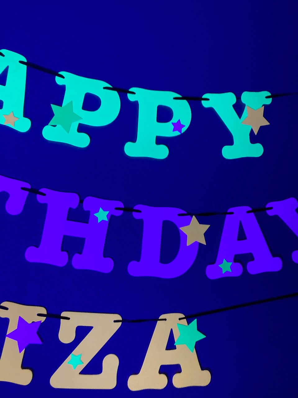Star Glow Party Birthday Banner, Happy Birthday, Neon sign, UV Reflective Decor, Glow Party Supplies, Sweet 16 Neon Dance, Personalized Sign