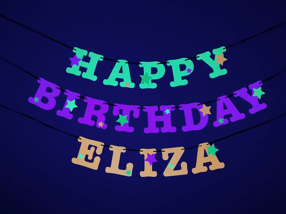 Star Glow Party Birthday Banner, Happy Birthday, Neon sign, UV Reflective Decor, Glow Party Supplies, Sweet 16 Neon Dance, Personalized Sign