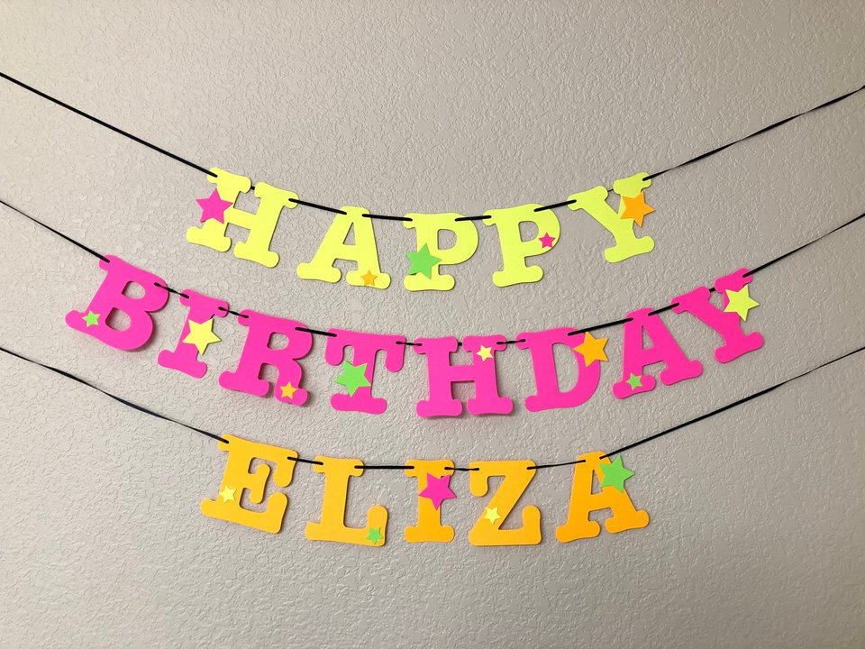 Star Glow Party Birthday Banner, Happy Birthday, Neon sign, UV Reflective Decor, Glow Party Supplies, Sweet 16 Neon Dance, Personalized Sign