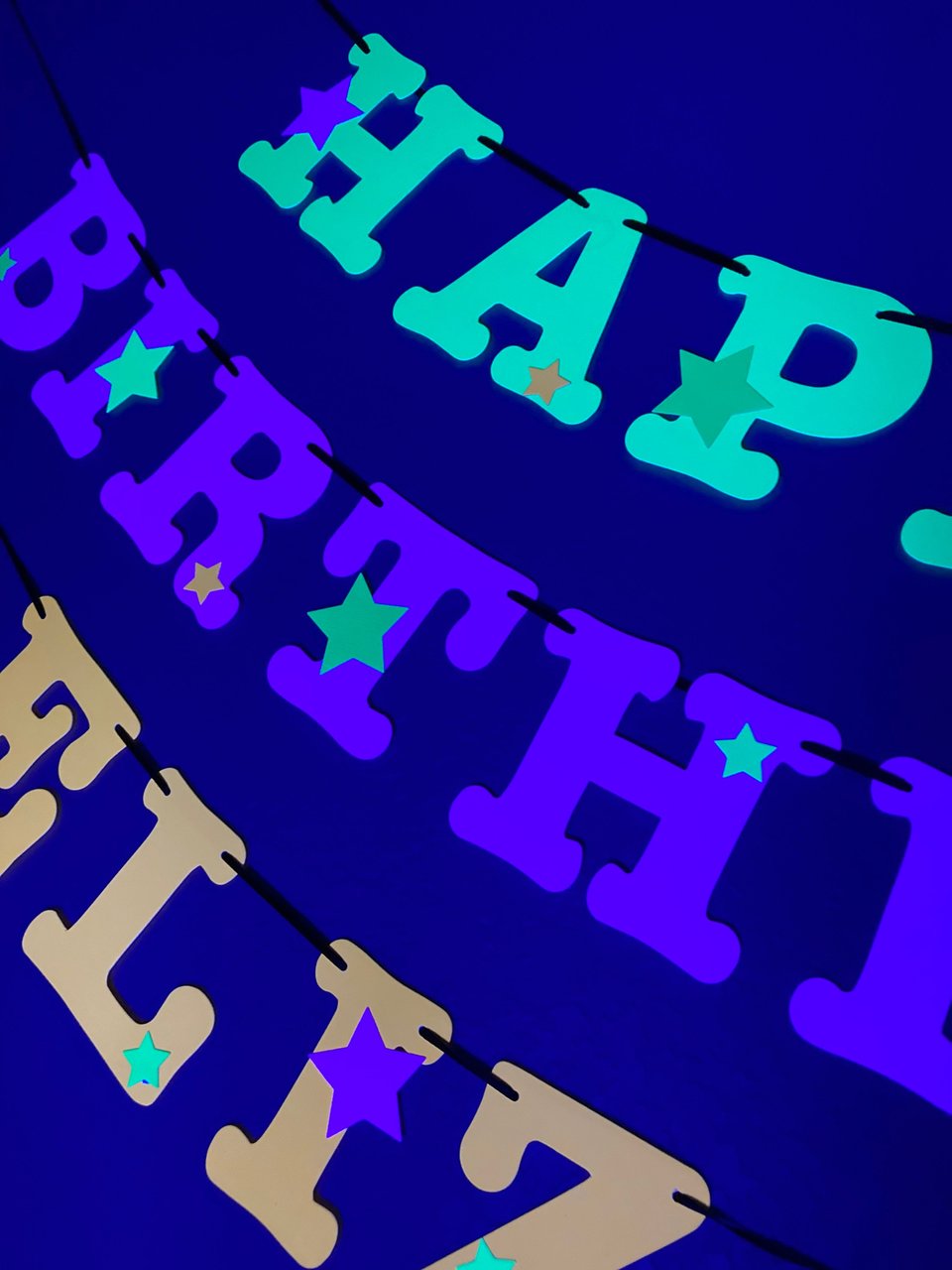 Star Glow Party Birthday Banner, Happy Birthday, Neon sign, UV Reflective Decor, Glow Party Supplies, Sweet 16 Neon Dance, Personalized Sign
