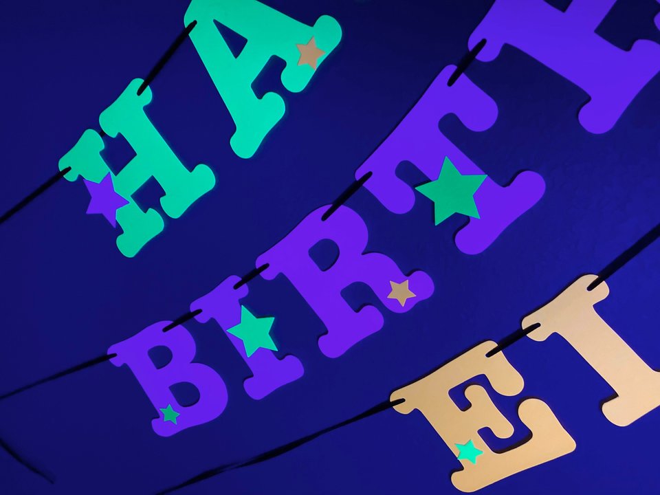 Star Glow Party Birthday Banner, Happy Birthday, Neon sign, UV Reflective Decor, Glow Party Supplies, Sweet 16 Neon Dance, Personalized Sign