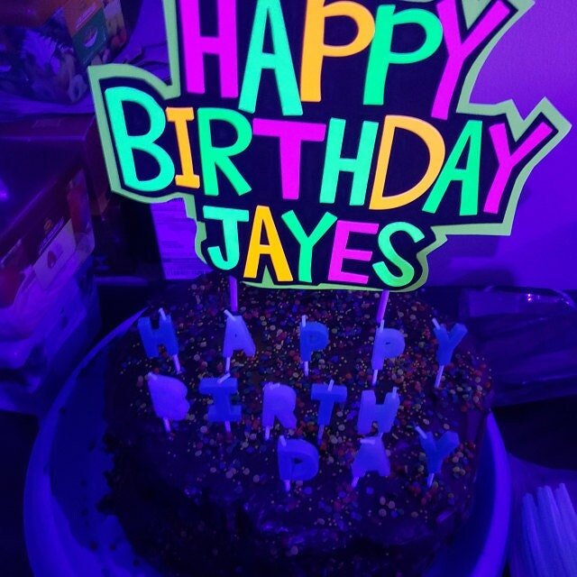 Retro Font Happy Birthday Cake Topper, Neon Glow Party Sign, Personalized Name Cake Topper