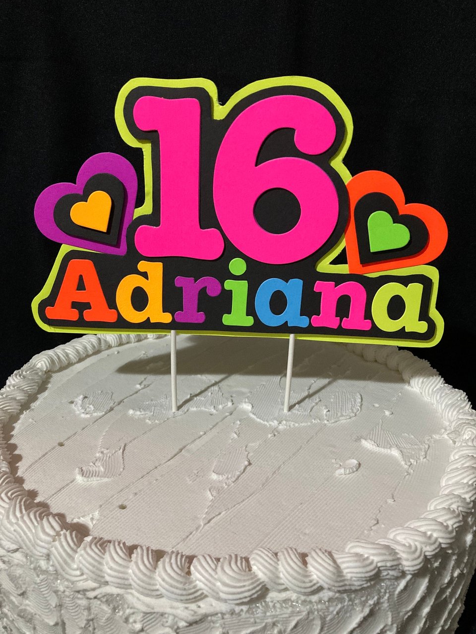 Neon Heart Personalized Glow Party Birthday Cake Topper, Glow in the Dark Decor, Sweet 16 Black Light Party, Name Age Cake Decoration