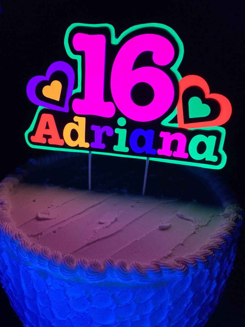 Neon Heart Personalized Glow Party Birthday Cake Topper, Glow in the Dark Decor, Sweet 16 Black Light Party, Name Age Cake Decoration