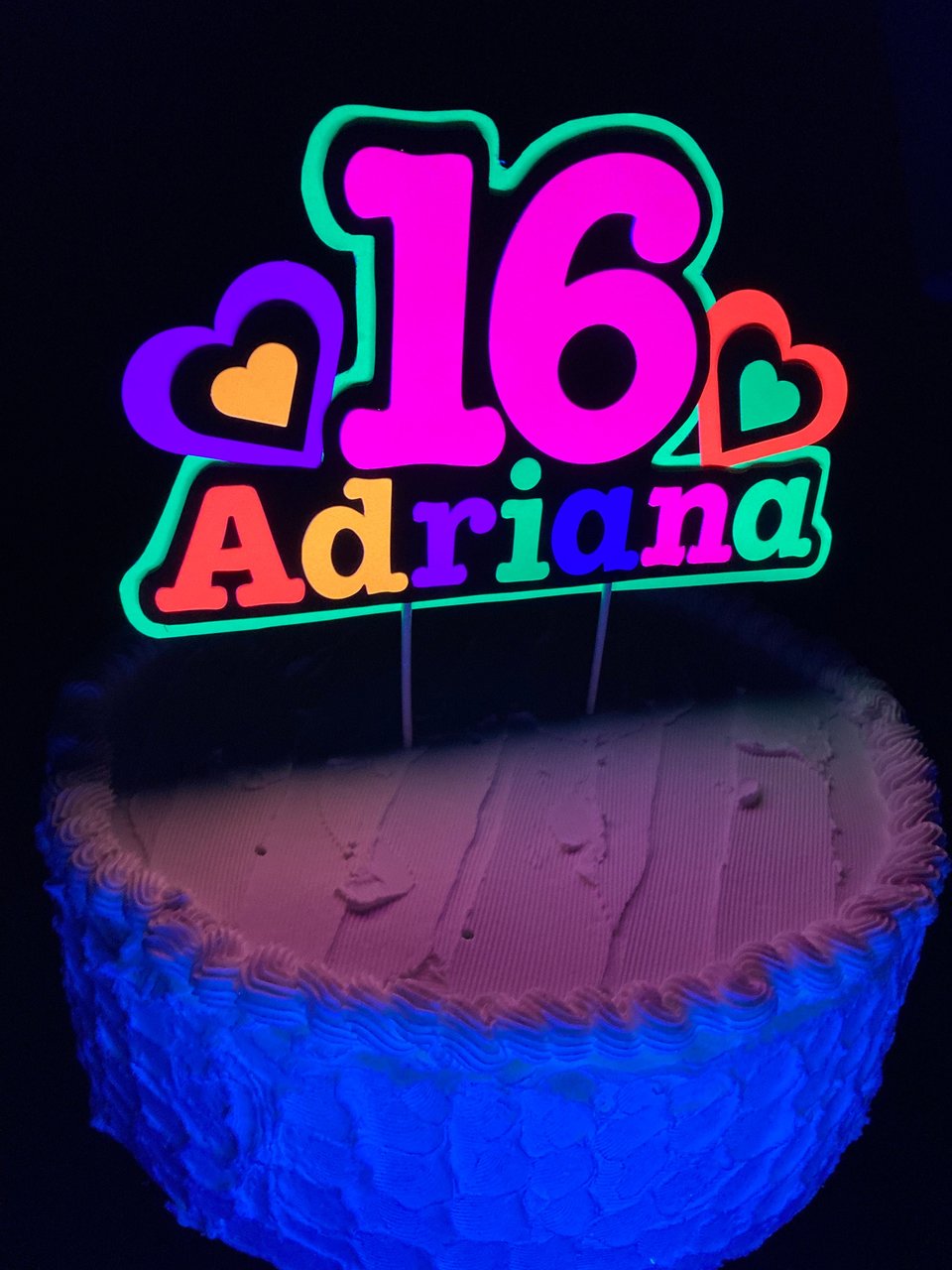 Neon Heart Personalized Glow Party Birthday Cake Topper, Glow in the Dark Decor, Sweet 16 Black Light Party, Name Age Cake Decoration