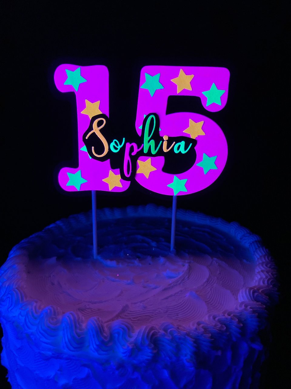Neon Pink Age Glowing Cake Topper with Script Font Name