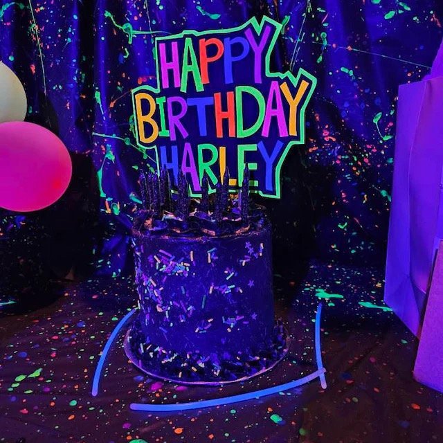 Glow Party Cake Topper, Colorful Neon Birthday Cake, Personalized Birthday Cake, UV Reflective Decoration, Fluorescent Black Light Decor