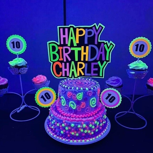 Glow Party Cake Topper, Colorful Neon Birthday Cake, Personalized Birthday Cake, UV Reflective Decoration, Fluorescent Black Light Decor