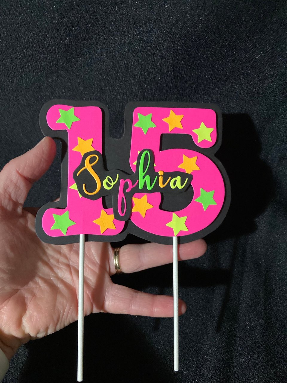 Neon Pink Age Glowing Cake Topper with Script Font Name