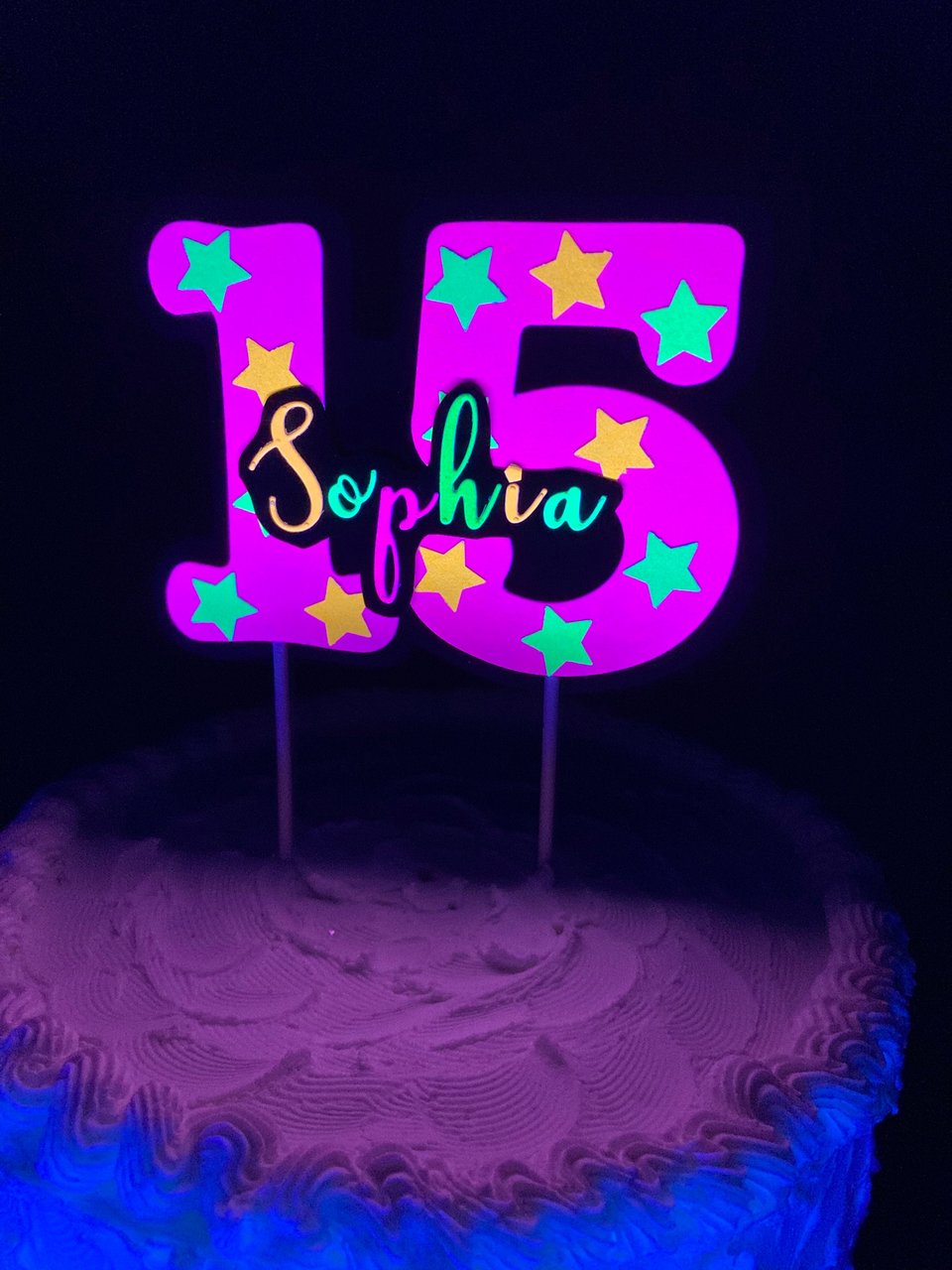Neon Pink Age Glowing Cake Topper with Script Font Name