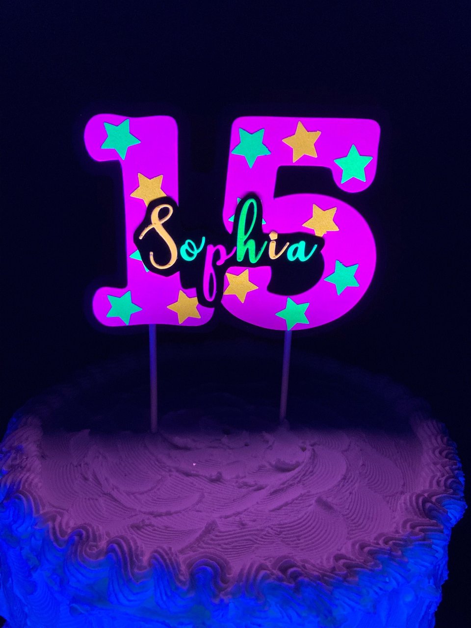 Neon Pink Age Glowing Cake Topper with Script Font Name