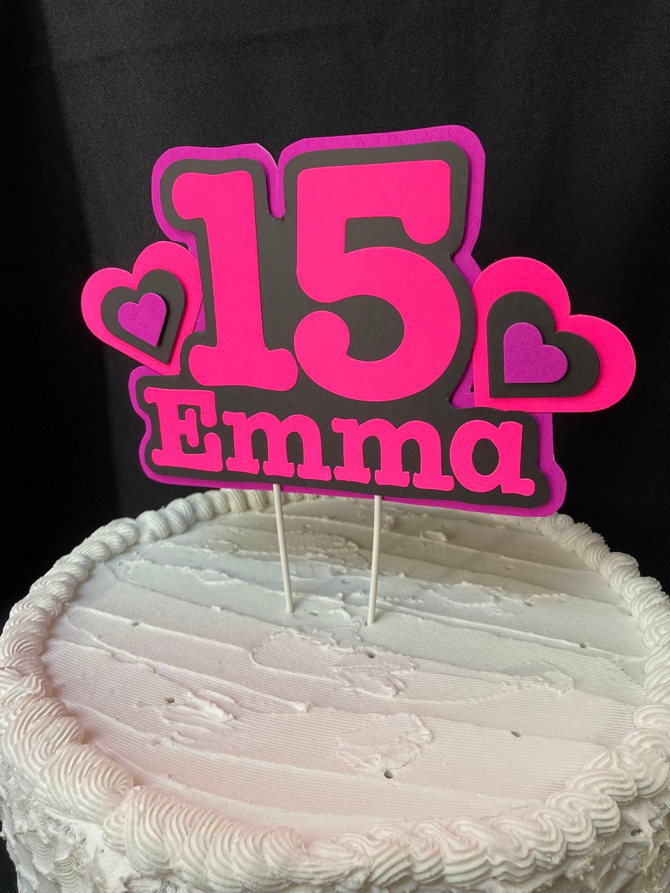 Pink and Purple Heart Neon Glow Party Cake Topper, Quineañera Black Light Party Decor, Personalized Name and Age Birthday Cake Decoration,