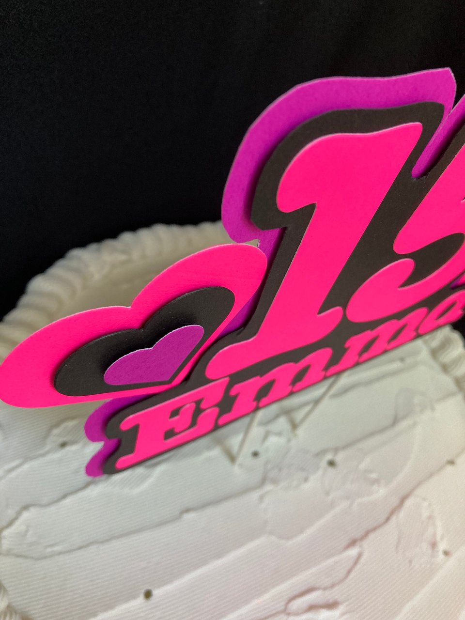 Pink and Purple Heart Neon Glow Party Cake Topper, Quineañera Black Light Party Decor, Personalized Name and Age Birthday Cake Decoration,