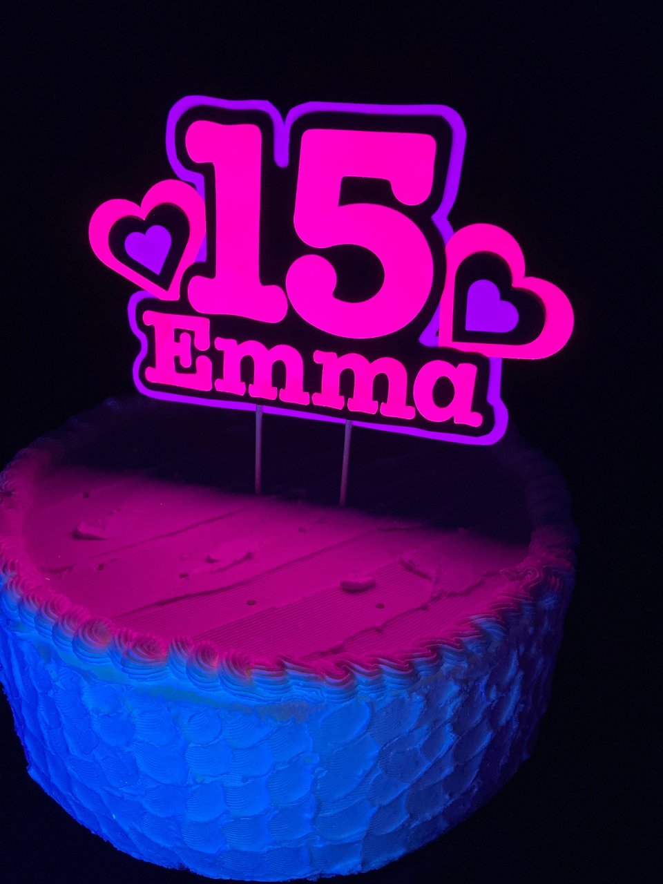 Pink and Purple Heart Neon Glow Party Cake Topper, Quineañera Black Light Party Decor, Personalized Name and Age Birthday Cake Decoration,