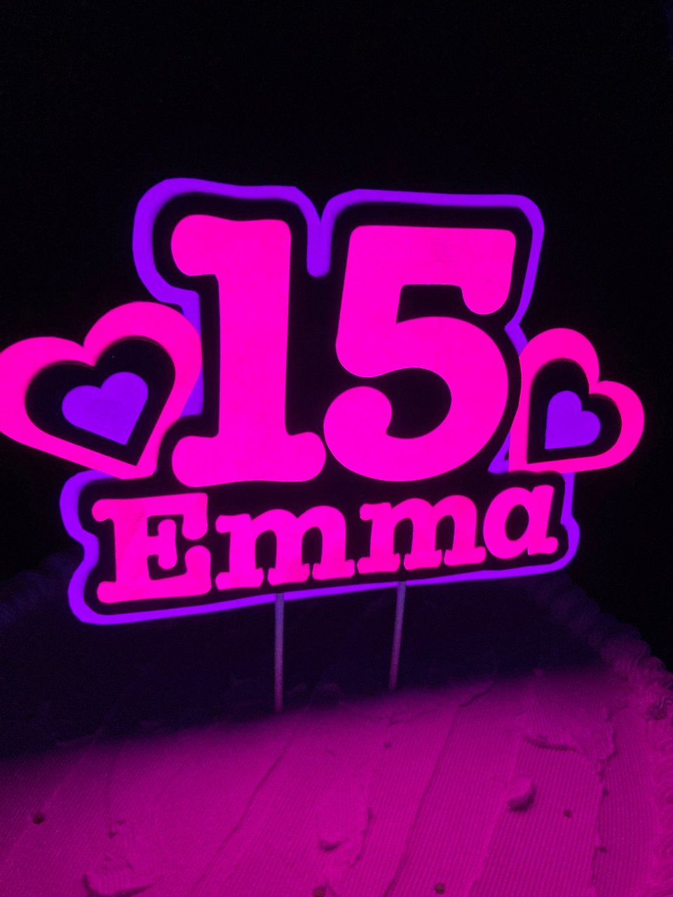 Pink and Purple Heart Neon Glow Party Cake Topper, Quineañera Black Light Party Decor, Personalized Name and Age Birthday Cake Decoration,