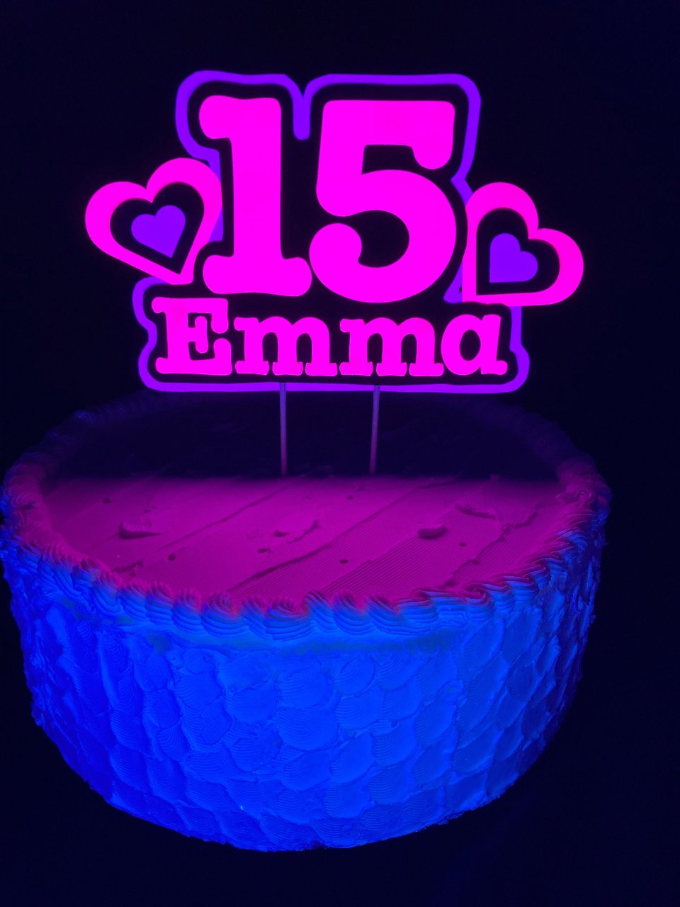 Pink and Purple Heart Neon Glow Party Cake Topper, Quineañera Black Light Party Decor, Personalized Name and Age Birthday Cake Decoration,