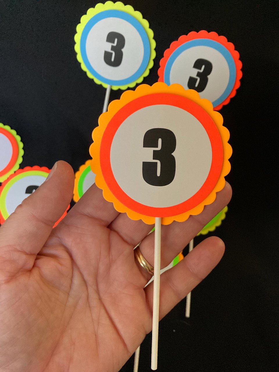 Neon Birthday Cupcake Toppers, Black Light Party Decor, Fluorescent Cupcake Decoration, Birthday Number Topper, UV Reflective, 3rd Birthday