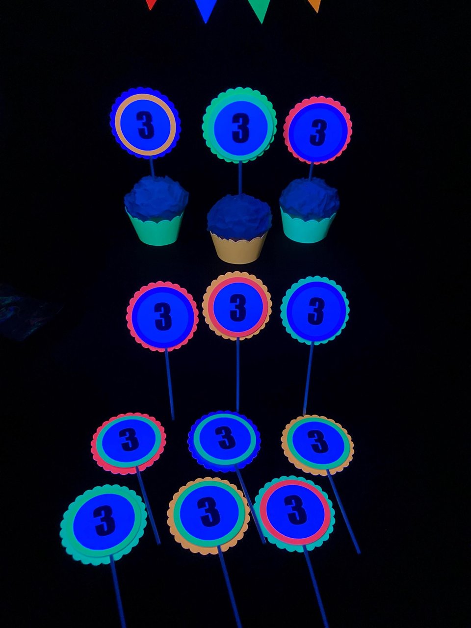 Neon Birthday Cupcake Toppers, Black Light Party Decor, Fluorescent Cupcake Decoration, Birthday Number Topper, UV Reflective, 3rd Birthday