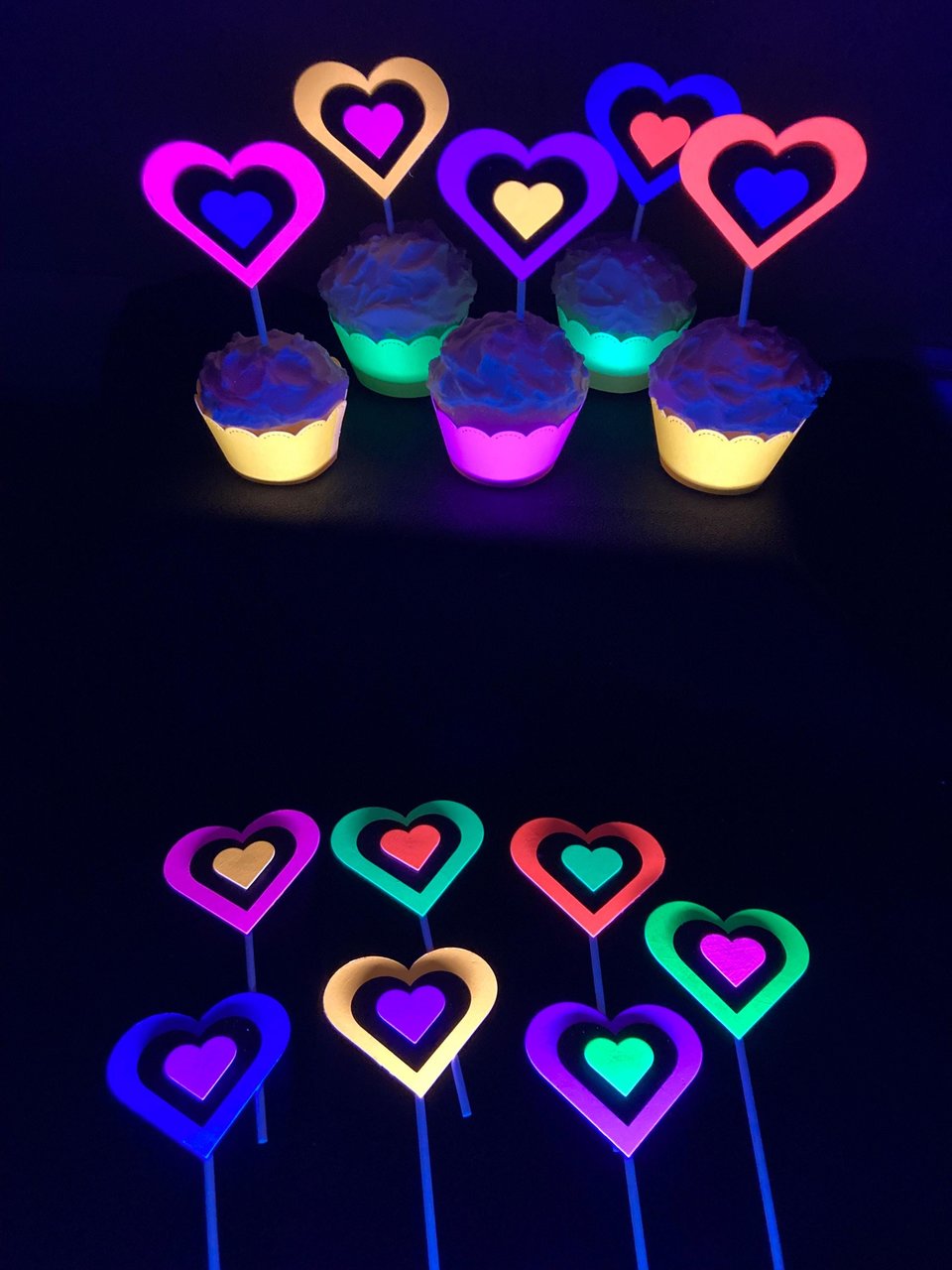 Neon Heart Cupcake Toppers, Glow in the Dark Hearts, Glow Party Supply, Cupcake Decor, Black Light Decoration, Fluorescent UV Reflective