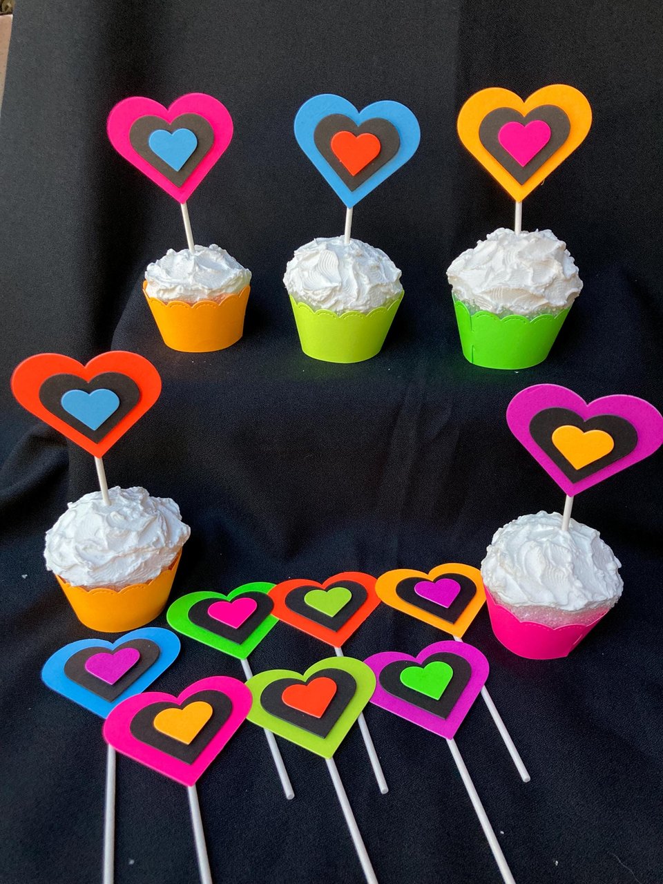 Neon Heart Cupcake Toppers, Glow in the Dark Hearts, Glow Party Supply, Cupcake Decor, Black Light Decoration, Fluorescent UV Reflective