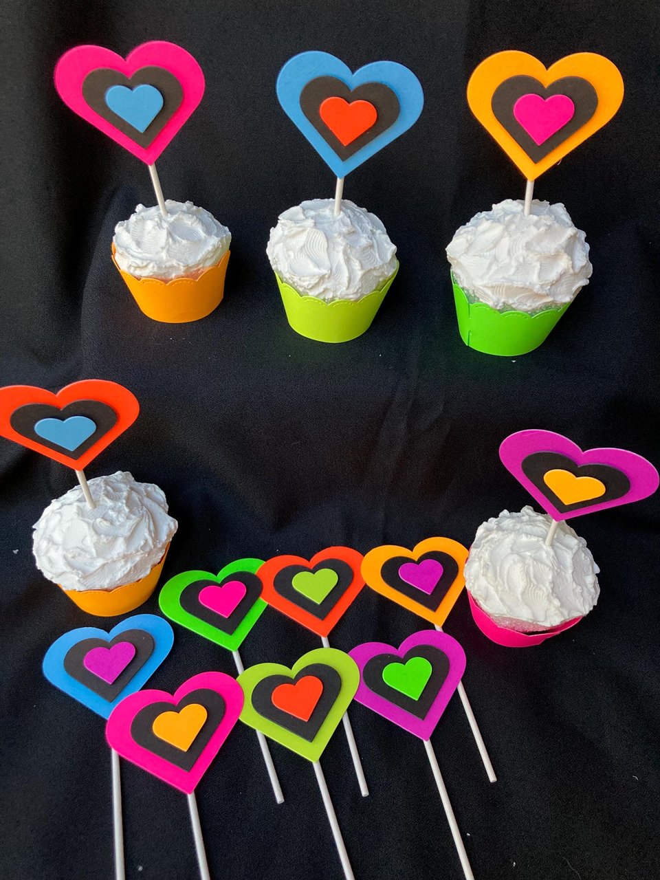 Neon Heart Cupcake Toppers, Glow in the Dark Hearts, Glow Party Supply, Cupcake Decor, Black Light Decoration, Fluorescent UV Reflective