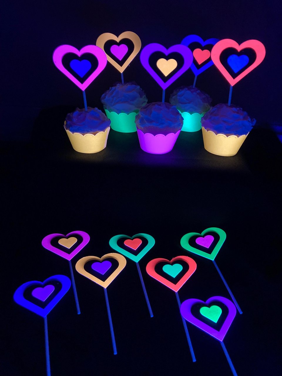 Neon Heart Cupcake Toppers, Glow in the Dark Hearts, Glow Party Supply, Cupcake Decor, Black Light Decoration, Fluorescent UV Reflective