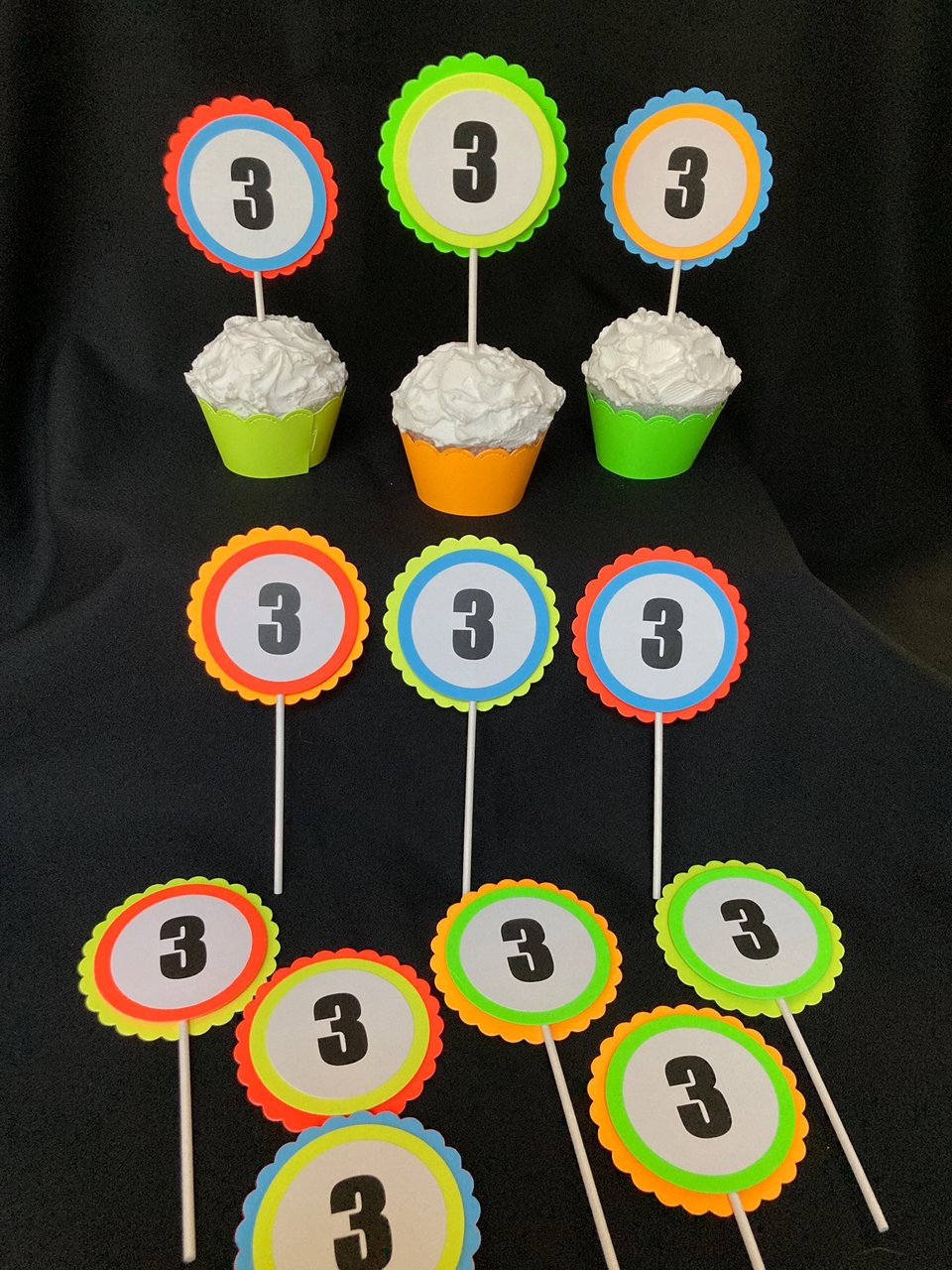 Neon Birthday Cupcake Toppers, Black Light Party Decor, Fluorescent Cupcake Decoration, Birthday Number Topper, UV Reflective, 3rd Birthday