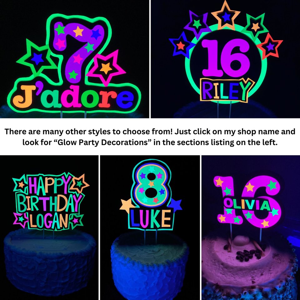 Neon Birthday Cake Topper with Name, Glow Party Cake Centerpiece, Retro 80s Event, Black Light Reflective Decoration, Fun Milestone Birthday