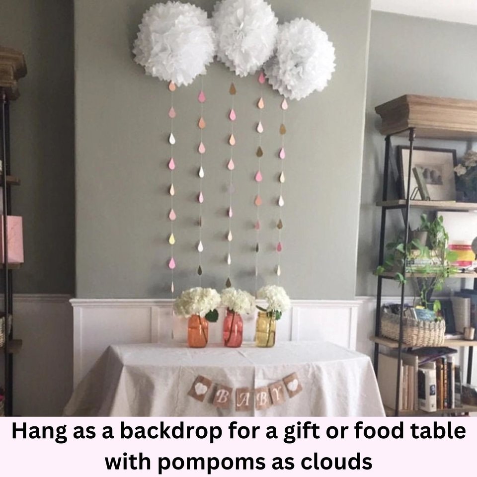 Blush Raindrop Baby Shower Garland, Pink Girl Baby Sprinkle Centerpiece, Custom Color Paper Bunting, Food and Gift Table Backdrop Decoration