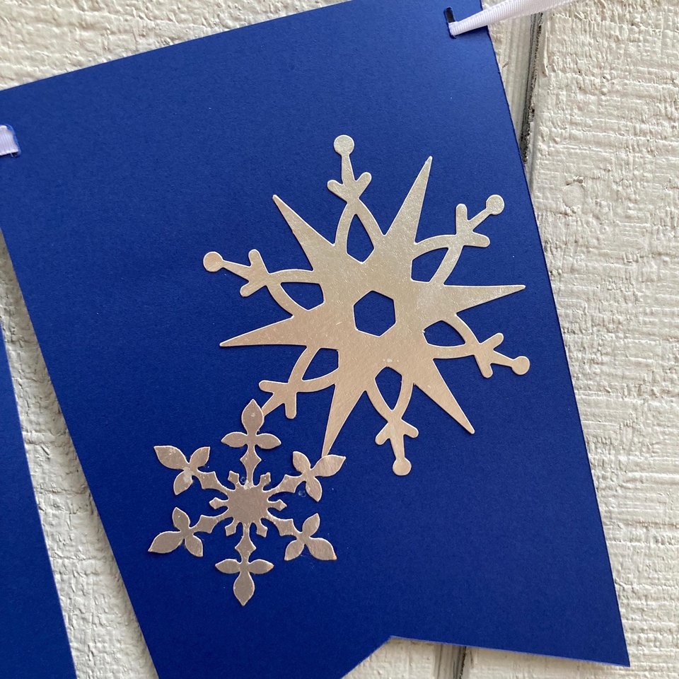 Happy Holidays navy and silver banner, snowflake holiday banner, winter party decor, Christmas mantel decoration, embossed card stock banner