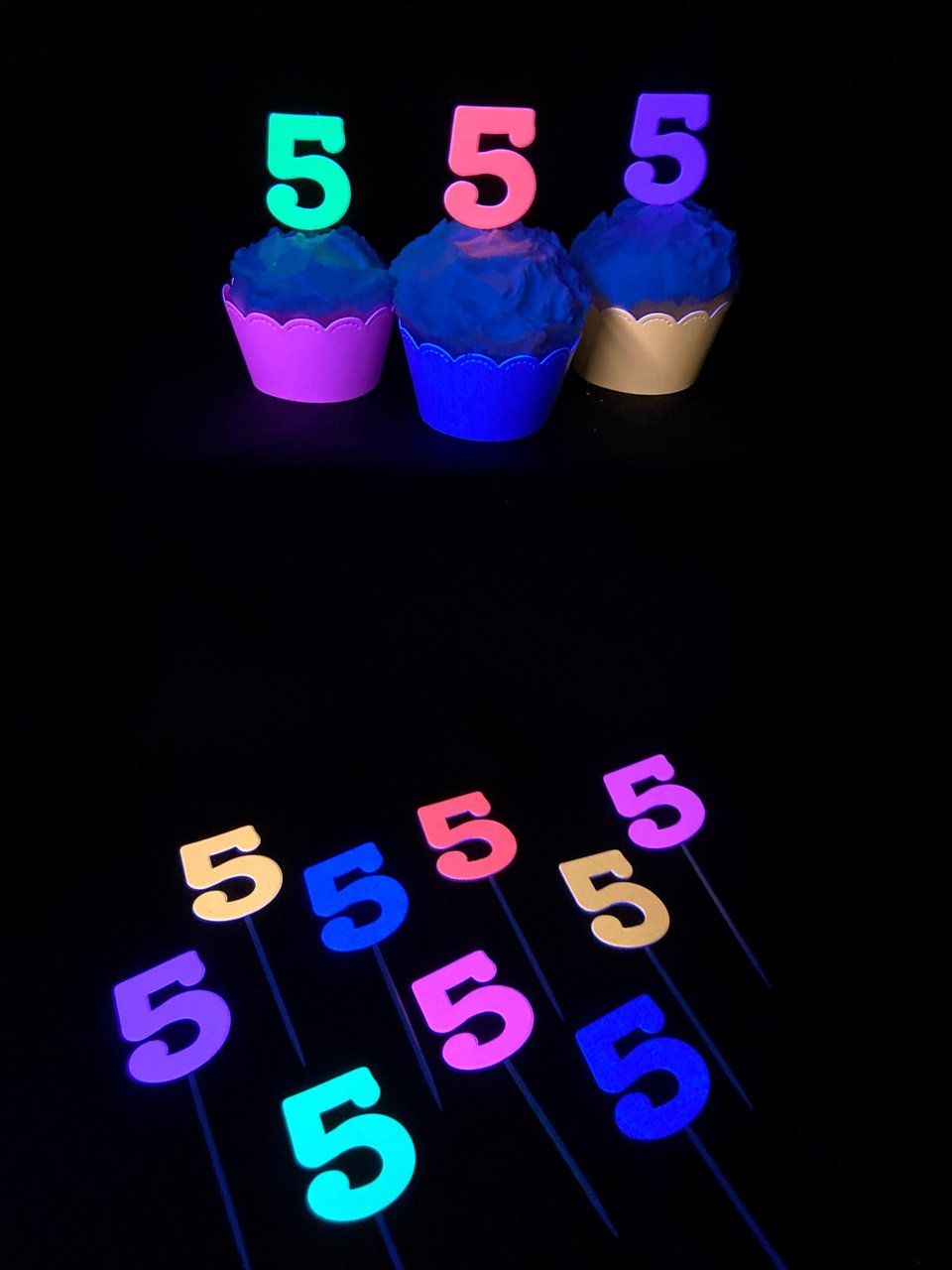 Set of 12 Glow Birthday Party Cupcake Toppers, Neon Number Picks, UV Reflective Cake Topper with Age, Retro 80s Birthday Celebration Decor