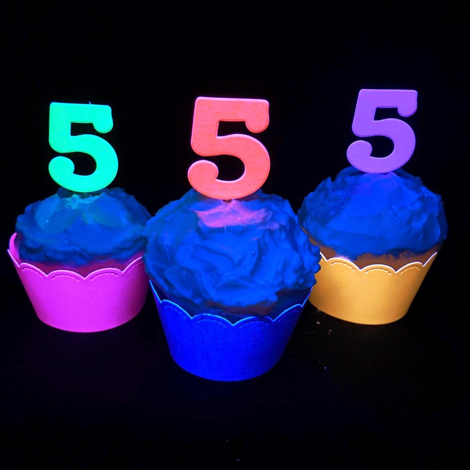 Set of 12 Glow Birthday Party Cupcake Toppers, Neon Number Picks, UV Reflective Cake Topper with Age, Retro 80s Birthday Celebration Decor