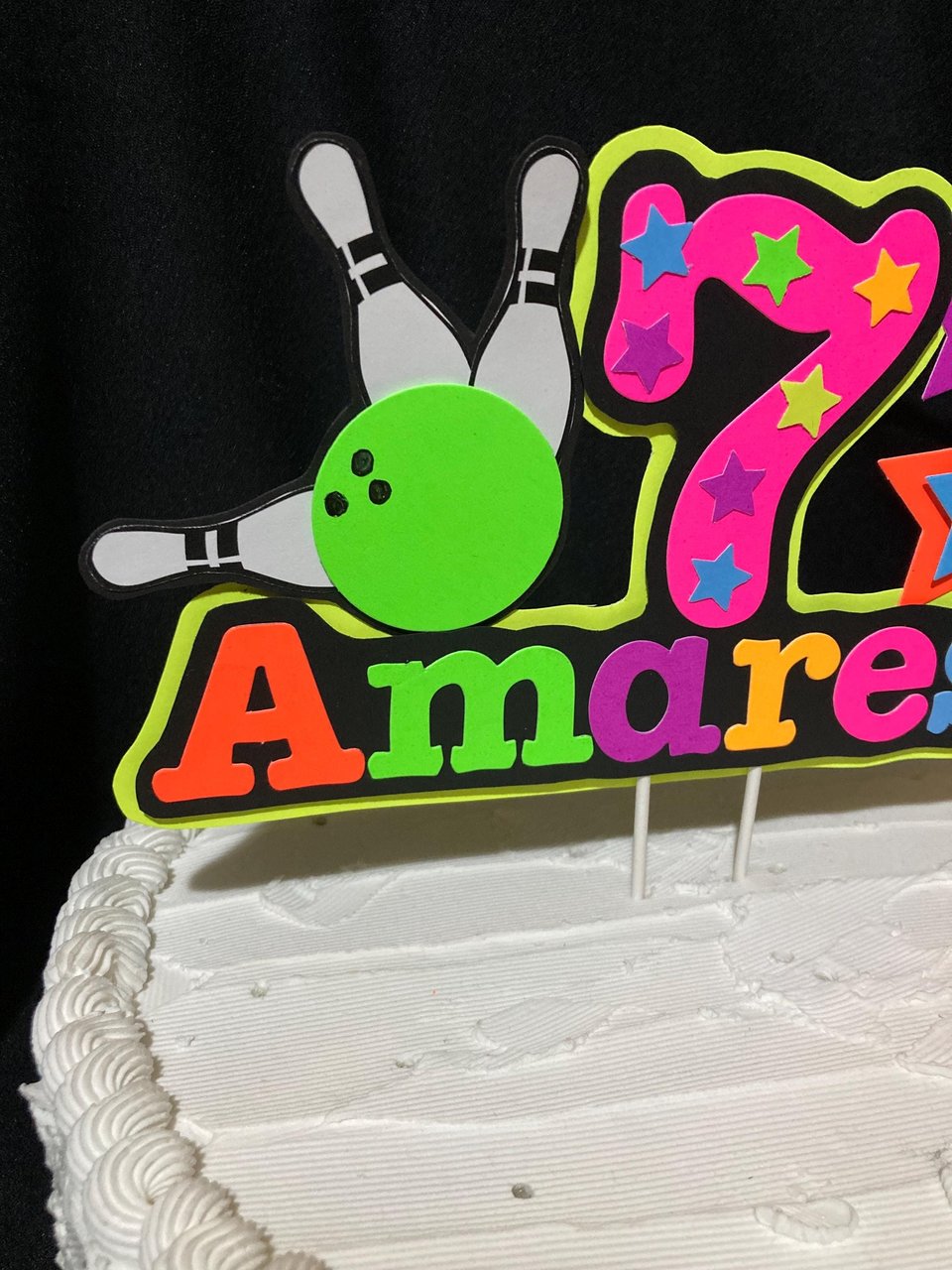 Bowling Birthday Party Cake Topper, Personalized Glow Party Cake Decoration with Name and Age, Colorful Neon Fluorescent Centerpiece