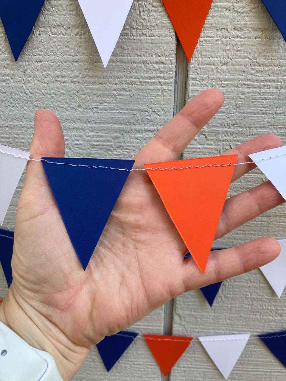 Homecoming Decoration, Blue and Orange Paper Triangle Flag Pennant, College Game Day Streamers, Custom Sports Banner, Tailgate Party