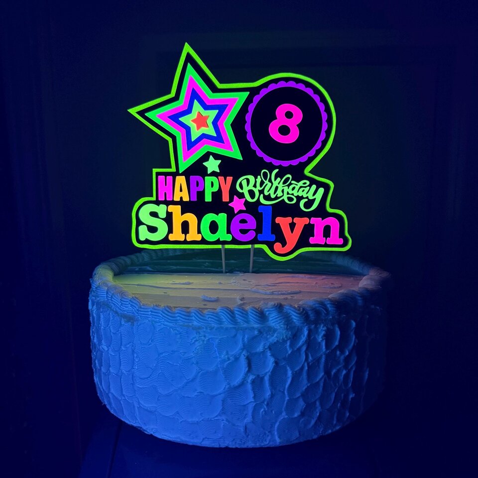 Custom Neon Cake Topper, 80s Party Decor, Personalized Birthday Cake Sign, Blacklight Party Decoration, Fluorescent Glow Party Sign