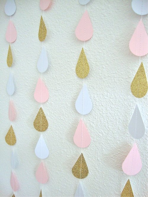Girl Baby Shower, Baby Shower Decoration, Baby Sprinkle Decor, Blush and Gold Raindrop Garland, Pink Raindrop Bunting, Baby Shower Backdrop