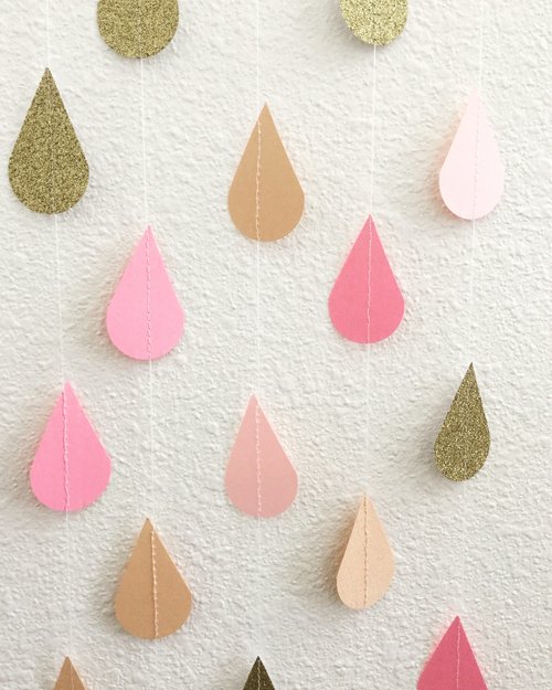 Blush and Gold Raindrop Garland, Peach and Pink Sprinkle Garland, Gold Glitter Raindrop Garland, Girl Baby Sprinkle Decor, Gold Raindrops