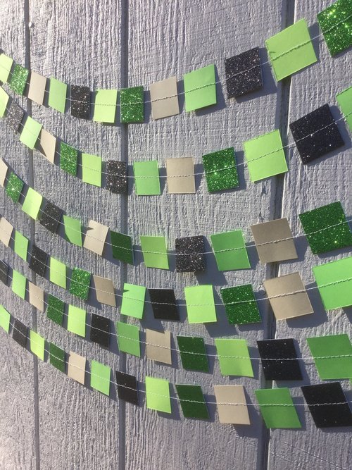 Square Party Garland Decoration with Glitter, Video Game Birthday Decoration, Minecraft Party Garland