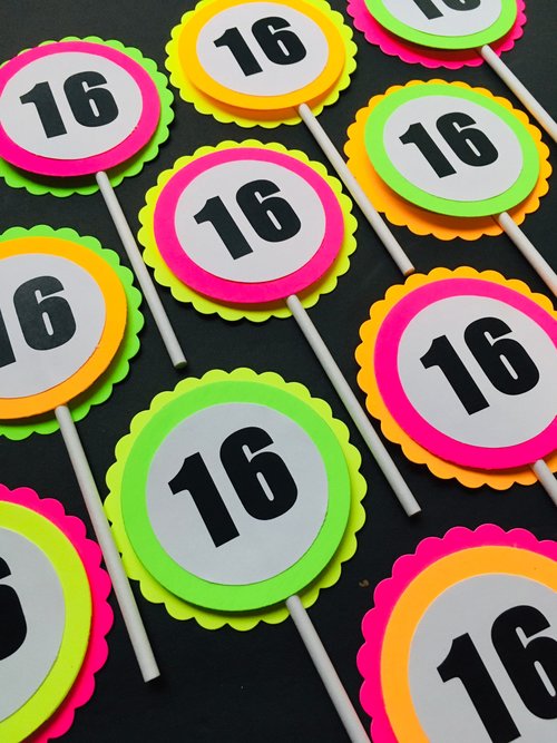 Glow Party Cupcake Toppers, Neon Birthday Party Decor, Fluorescent Black Light Decor, Birthday Number Topper, Sweet 16 Cake, UV Reflective