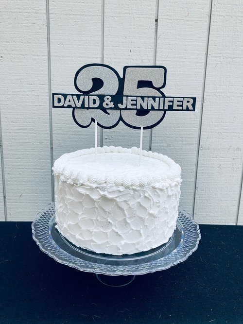 Personalized silver glitter 25th anniversary cake topper, custom name, elegant number 25 decorations, silver wedding celebration decor