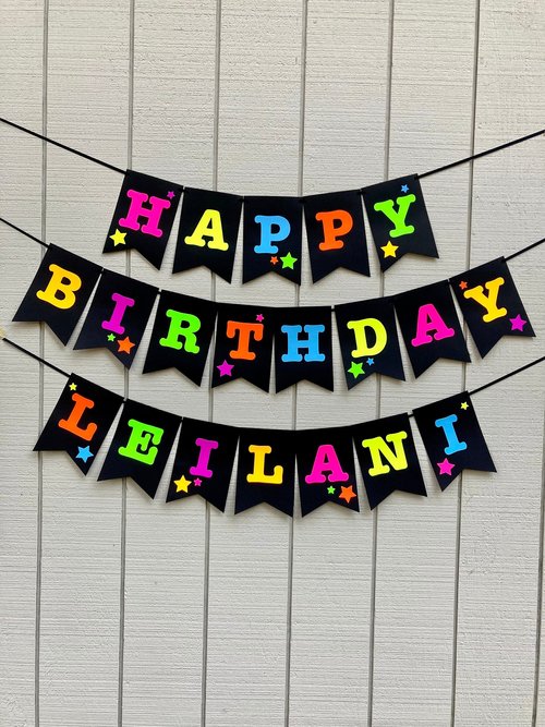 Neon Star Birthday Banner, Glow Party, Personalized Banner, Glow in the Dark Sign, UV Reflective, Black Light Decor, 80s Party, Skate Party