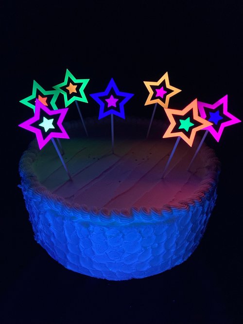 Neon Star Cake Decoration, Glow in the Dark Cake Topper, Glow Party Supply, Cupcake Decor, Black Light Party Supply, UV Reflective Stars