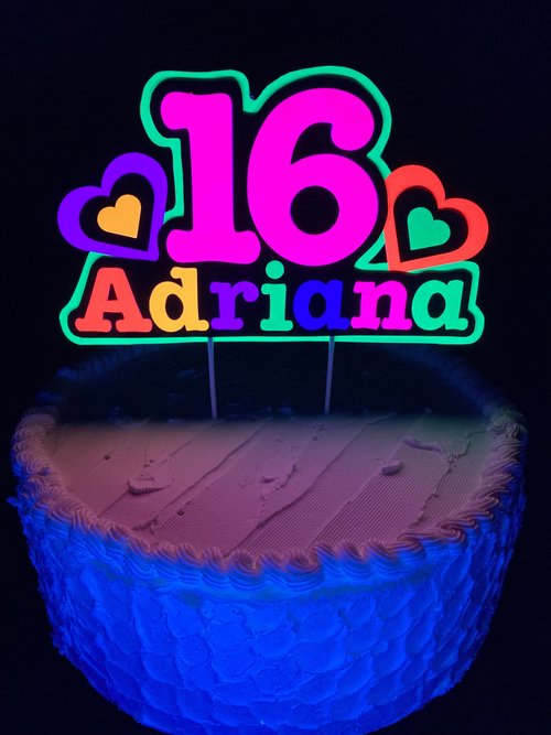 Neon Heart Personalized Glow Party Birthday Cake Topper, Glow in the Dark Decor, Sweet 16 Black Light Party, Name Age Cake Decoration