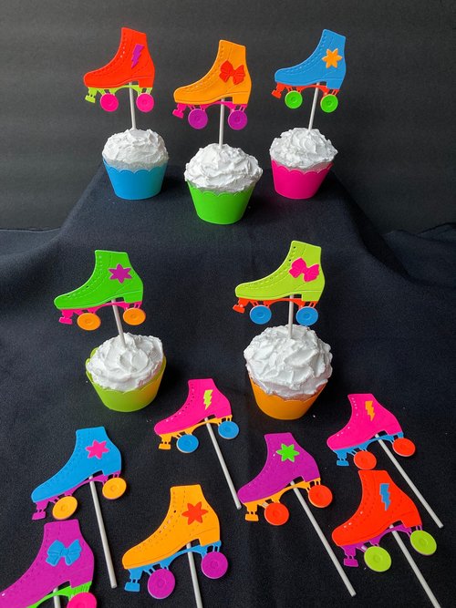 Skate Party Neon Cupcake Toppers, Glow Party Decor, Roller Skate Birthday Celebration, Fluorescent Party Decoration, UV Glow in the Dark