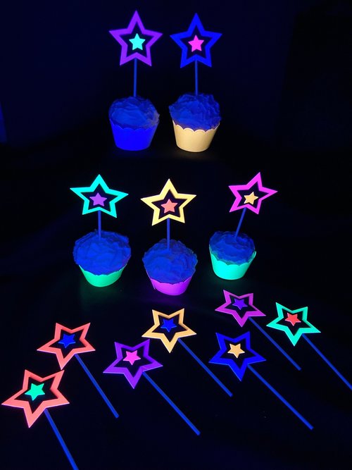 Glow in the Dark Neon Star 12 Cupcake Toppers, Glow Party Supply, Cupcake Decor, Black Light Decoration, Fluorescent UV Reflective Stars