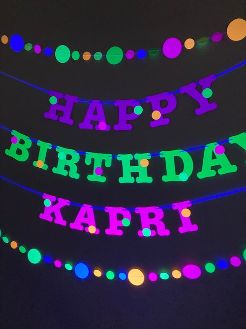 Glow Party Birthday Banner, Neon fluorescent birthday banner with garlands, UV Reflective Birthday Banner, Blacklight Party Sign, 80s Party